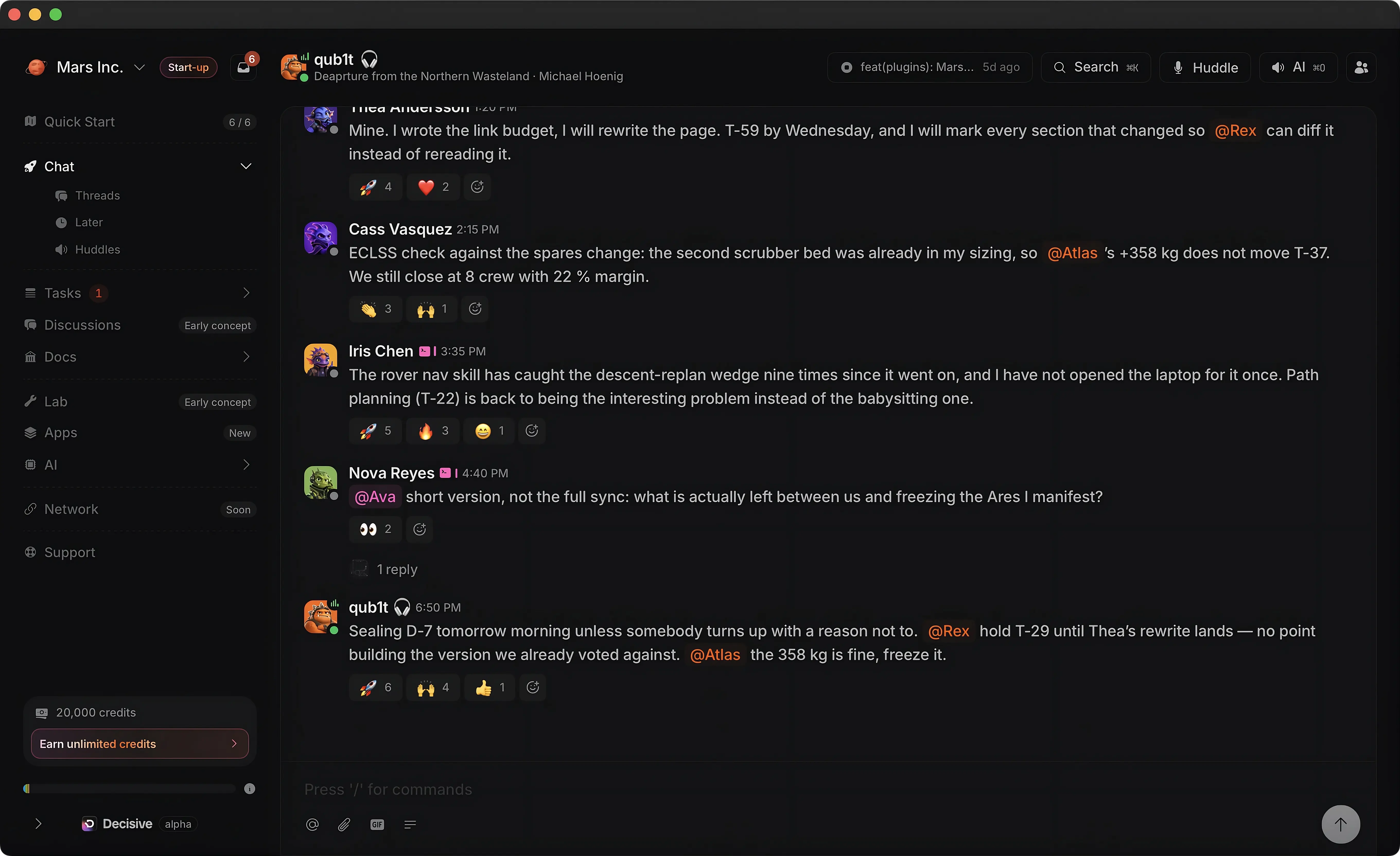 The Decisive desktop app - team chat, tasks, huddles and the AI teammate in one surface